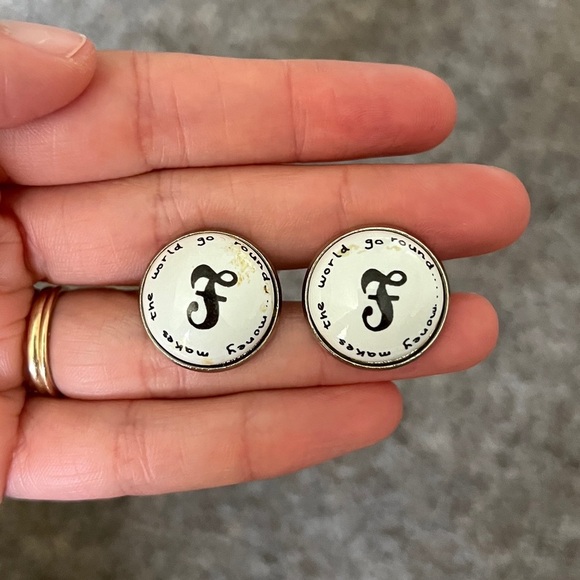 Vintage Duchamp London Cufflinks F Initial Money Makes The World Go Round White - Picture 1 of 7